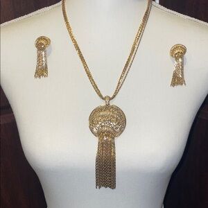 Monet Gold Tassel Necklace and Clip On Earring Set